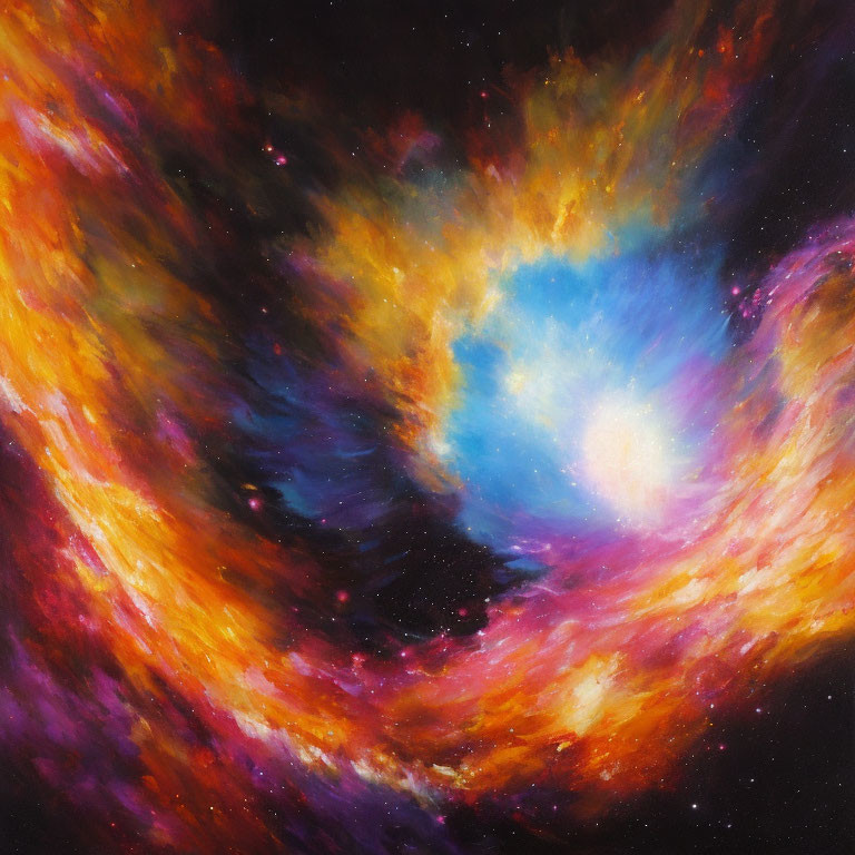 Colorful cosmic scene with red, yellow, and blue swirls on dark background