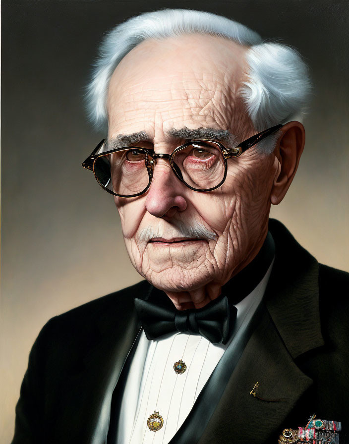 Elderly man digital illustration in black tuxedo & glasses