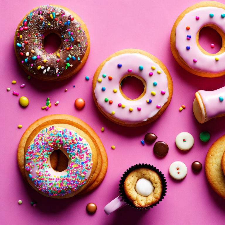 Assorted colorful donuts with sprinkles on pink background