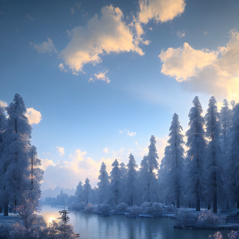 Frost-covered trees by calm lake at dusk or dawn