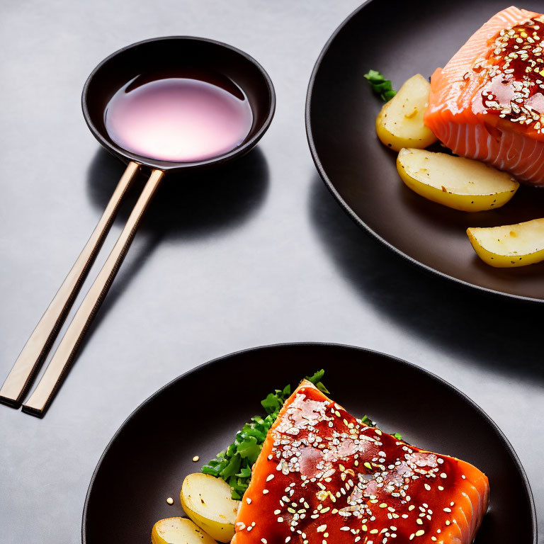 Salmon sushi bowl with sesame seeds and soy sauce on modern plate