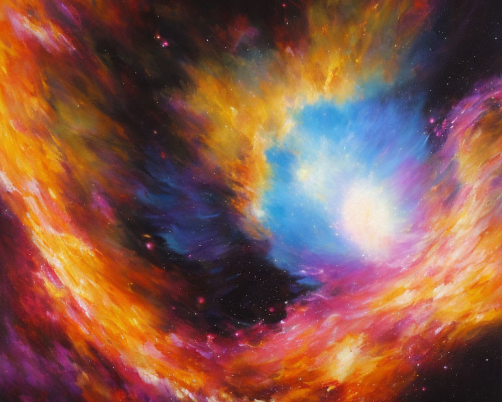 Colorful cosmic scene with red, yellow, and blue swirls on dark background