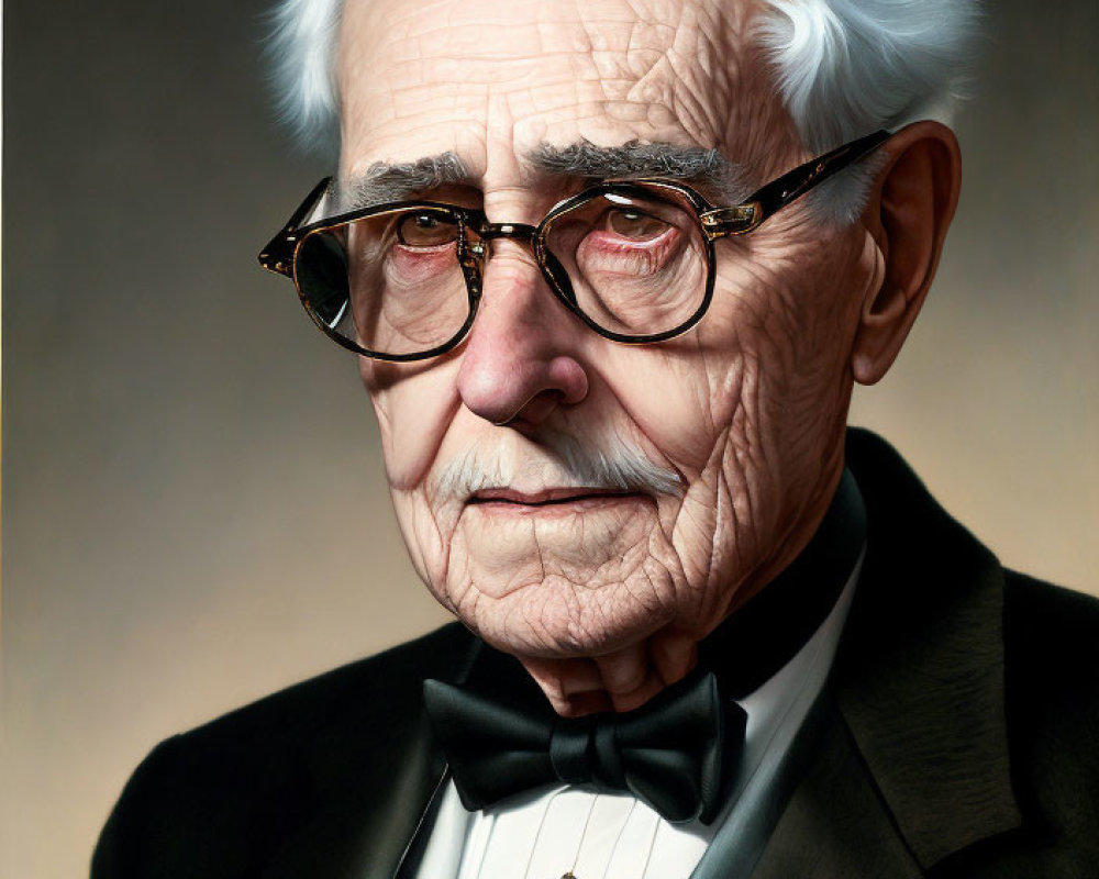 Elderly man digital illustration in black tuxedo & glasses