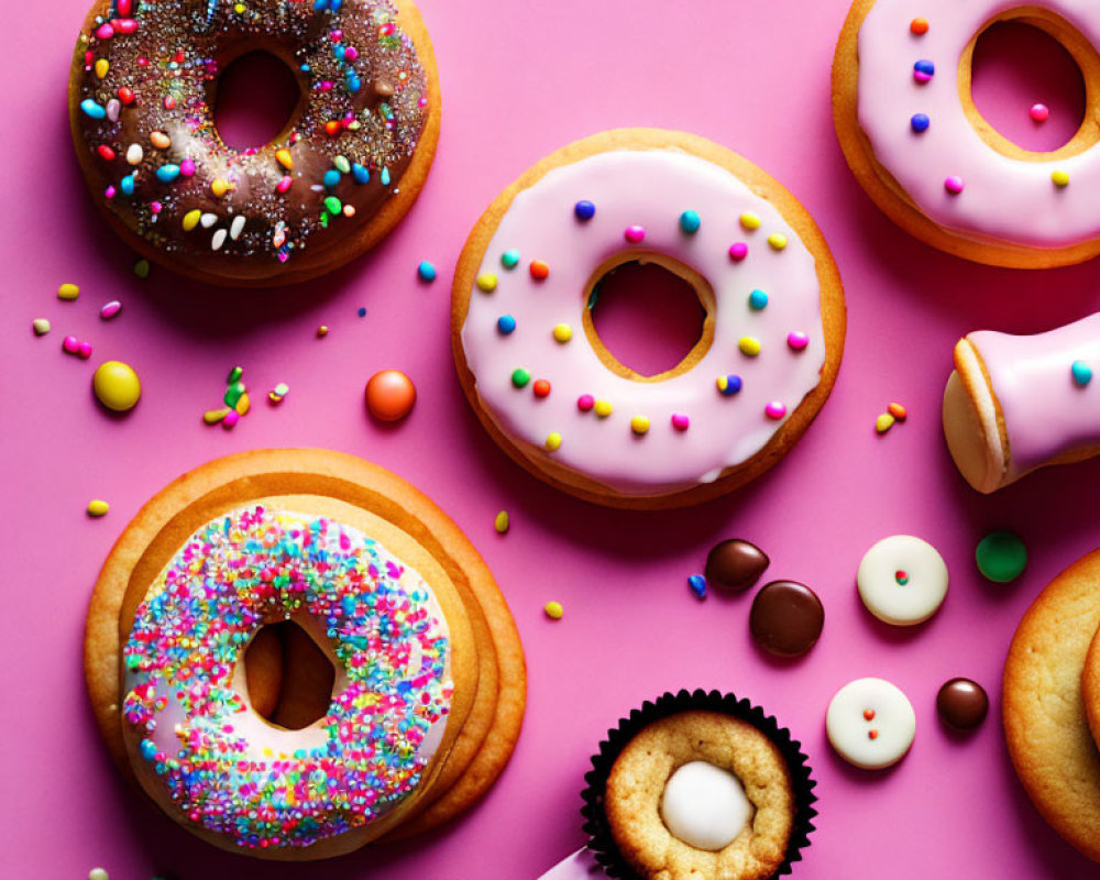 Assorted colorful donuts with sprinkles on pink background