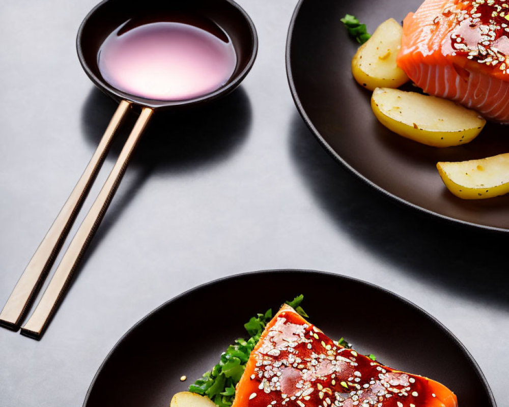 Salmon sushi bowl with sesame seeds and soy sauce on modern plate