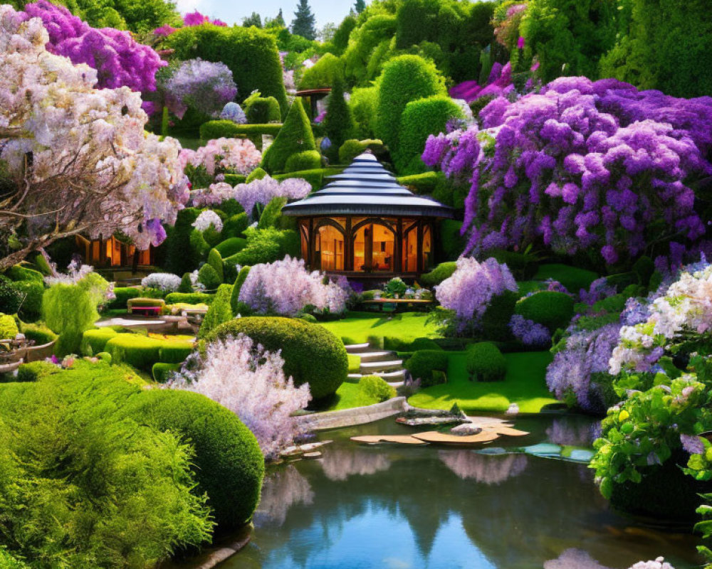 Serene garden with purple and pink flowers around a gazebo and pond