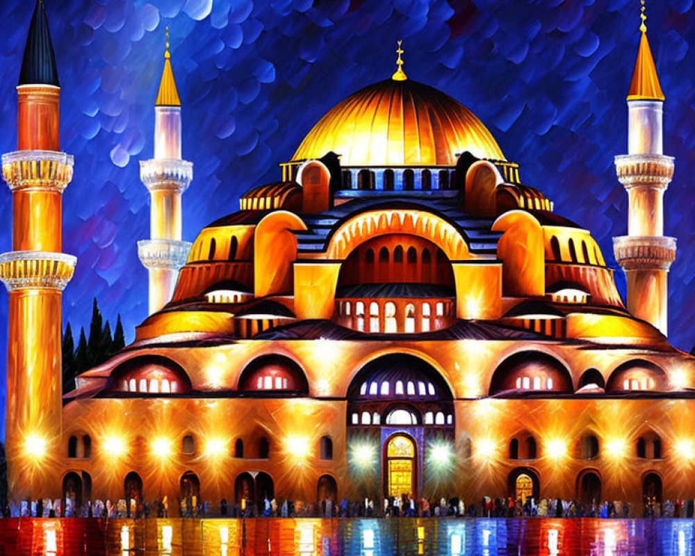 Grand mosque painting with domes and minarets in starry night reflection