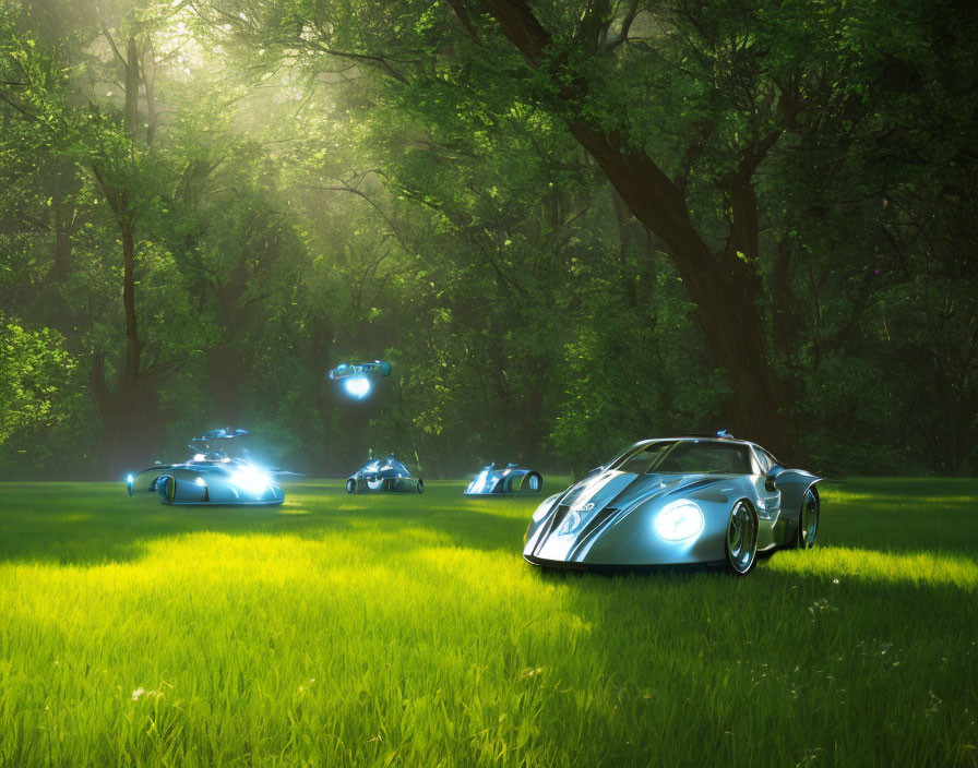 Futuristic Cars with Glowing Blue Lights in Forest Clearing