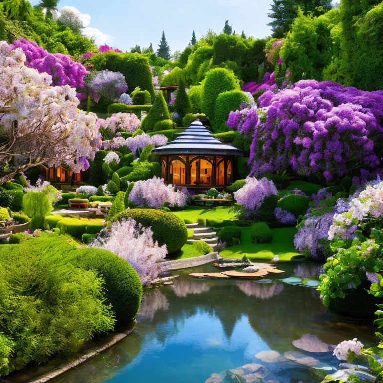 Serene garden with purple and pink flowers around a gazebo and pond