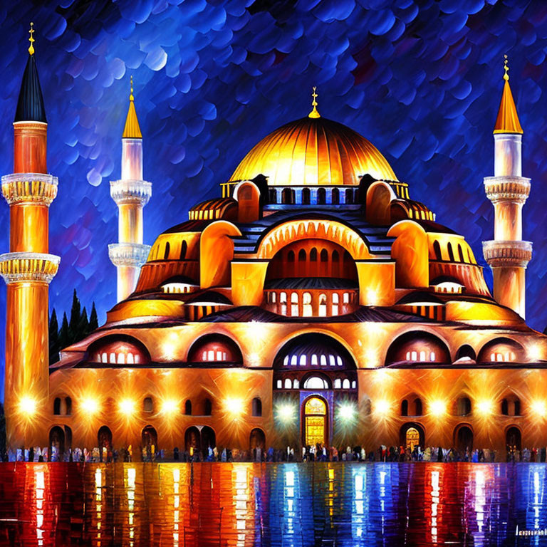 Grand mosque painting with domes and minarets in starry night reflection