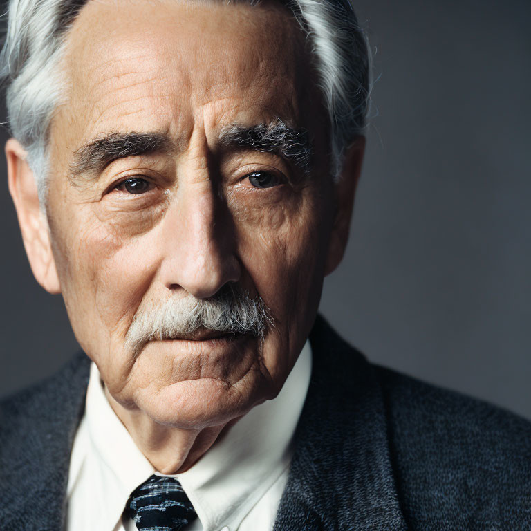 Elderly Man with Mustache in Suit and Tie on Gray Background