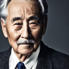 Elderly Man with Mustache in Suit and Tie on Gray Background