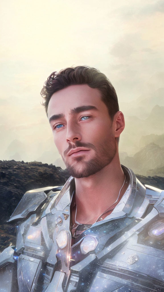 Man in silver futuristic armor with blue eyes against mountainous backdrop