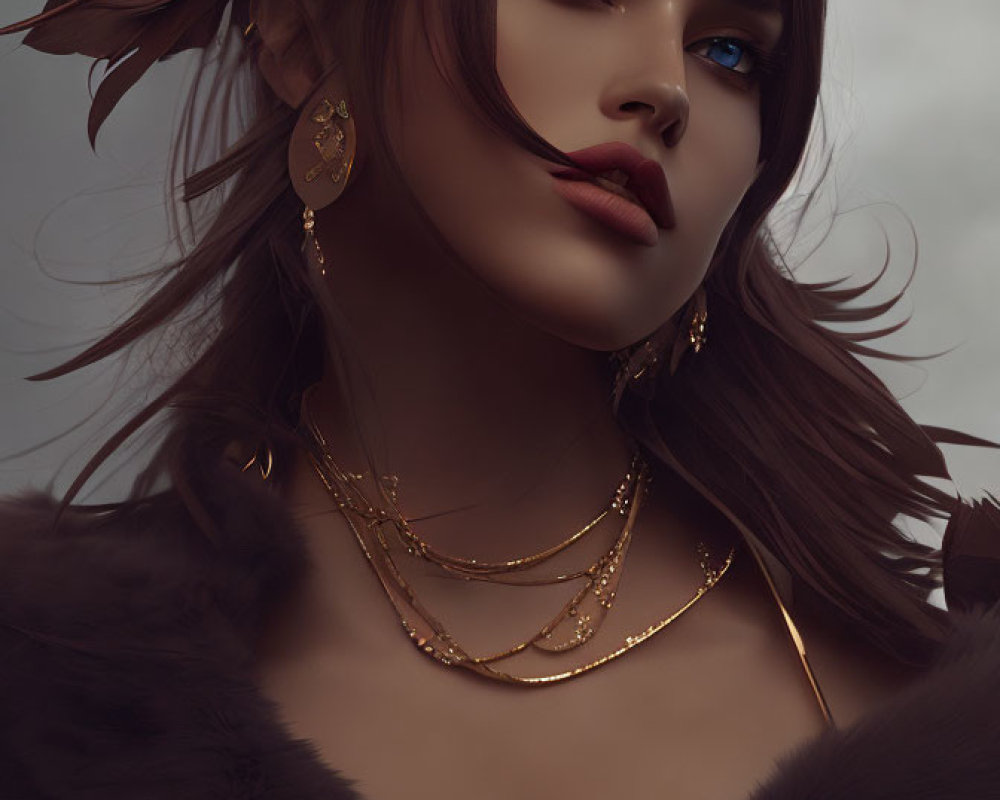 Digital portrait of a woman with blue eyes, gold jewelry, flower, and fur garment