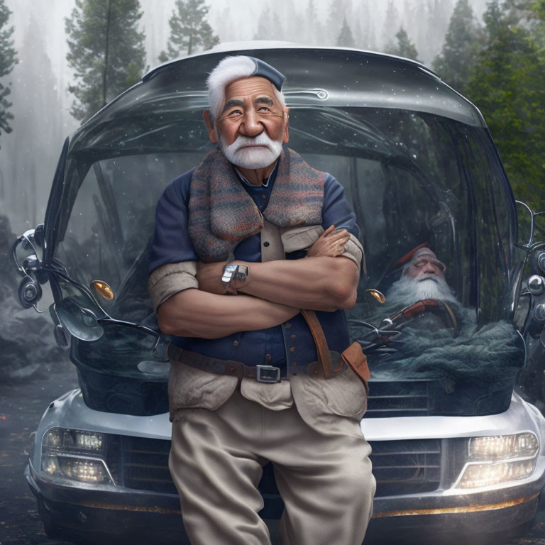 White-bearded elderly man stands confidently in front of van in foggy forest.