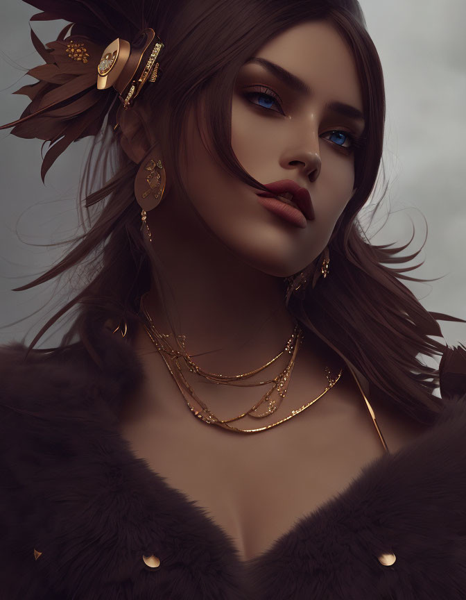 Digital portrait of a woman with blue eyes, gold jewelry, flower, and fur garment