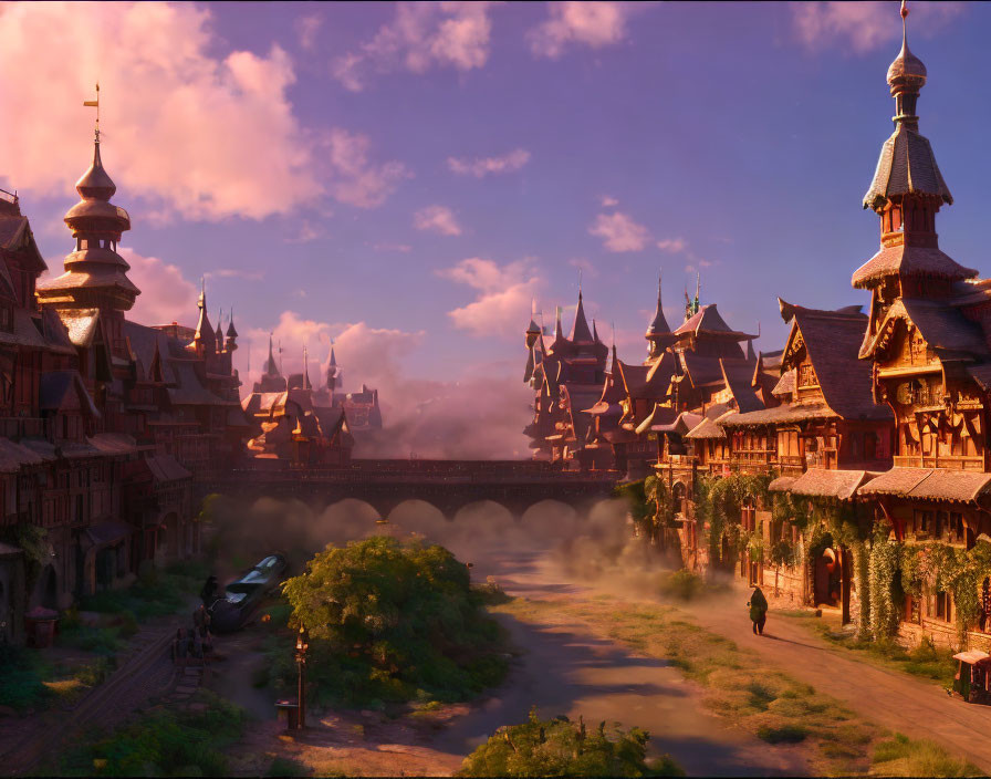 Rustic town with ornate buildings, stone bridge, and glowing sunset