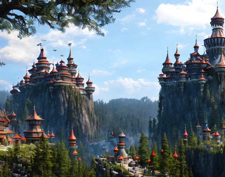 Fantasy castle on forested cliffs with flying creatures under a blue sky