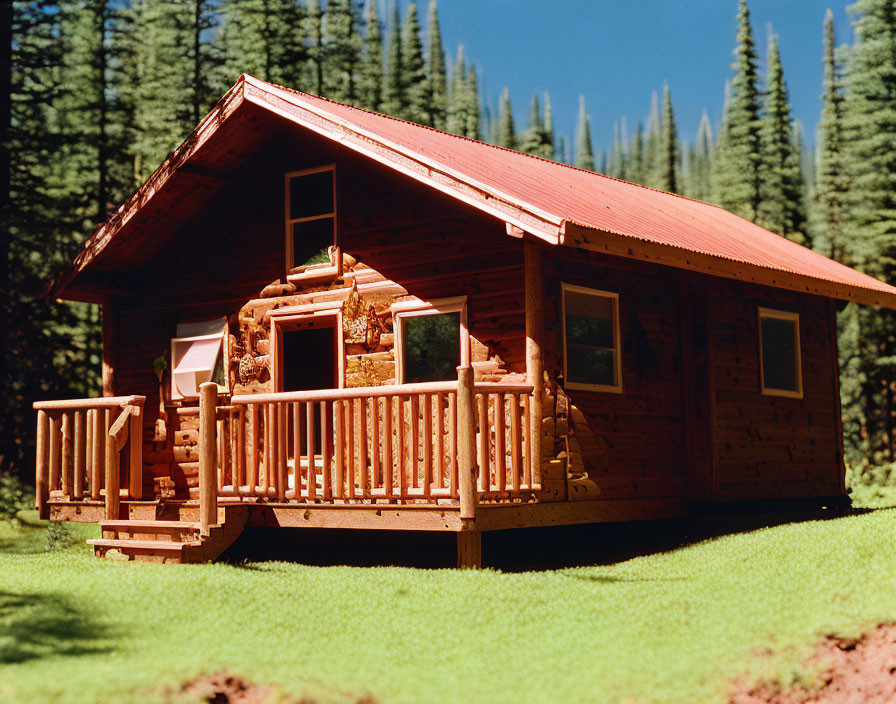 Wooden cabin model with porch in nature setting.