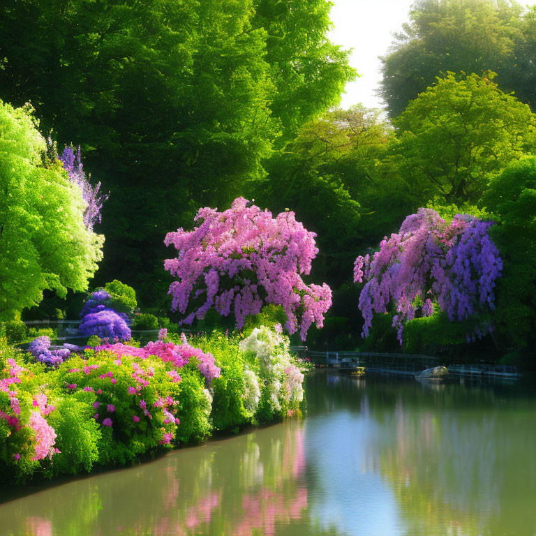 Vibrant pink blossoms and lush greenery in tranquil pond scene