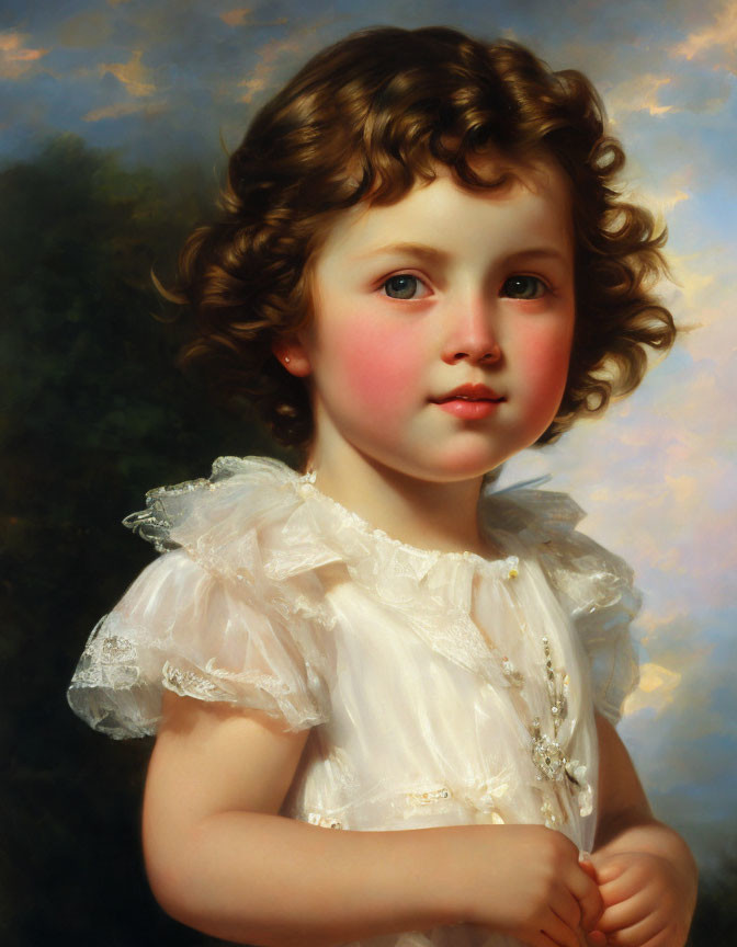 Child with Curly Hair in White Dress Against Cloudy Sky