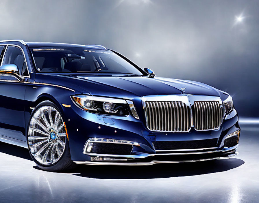 Prominent Grille Luxury Sedan in Sleek Blue with Chrome Accents