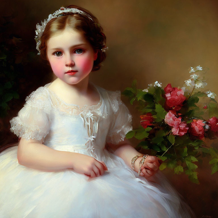 Young girl in white lace dress with pink roses bouquet and tiara on brown backdrop