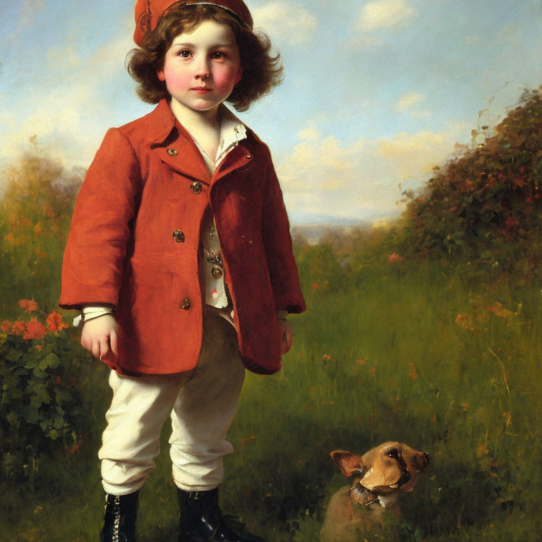 Vintage Painting: Young Child in Red Coat with Dog, Pastoral Background