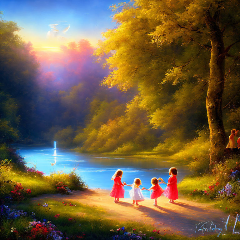 Tranquil landscape painting: Three children by river