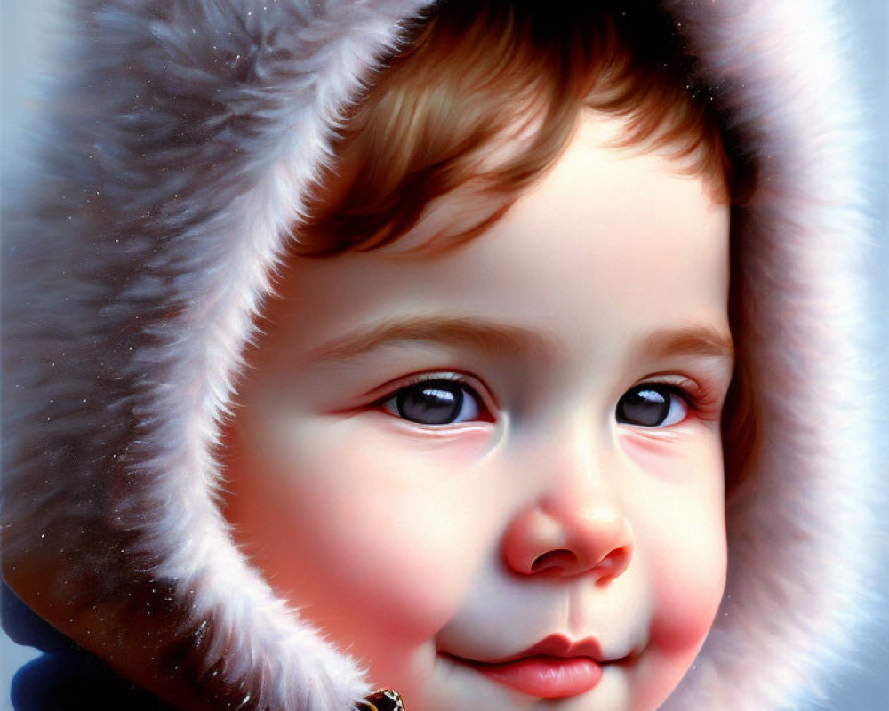 Portrait of young child in winter coat with fur trim and rosy cheeks