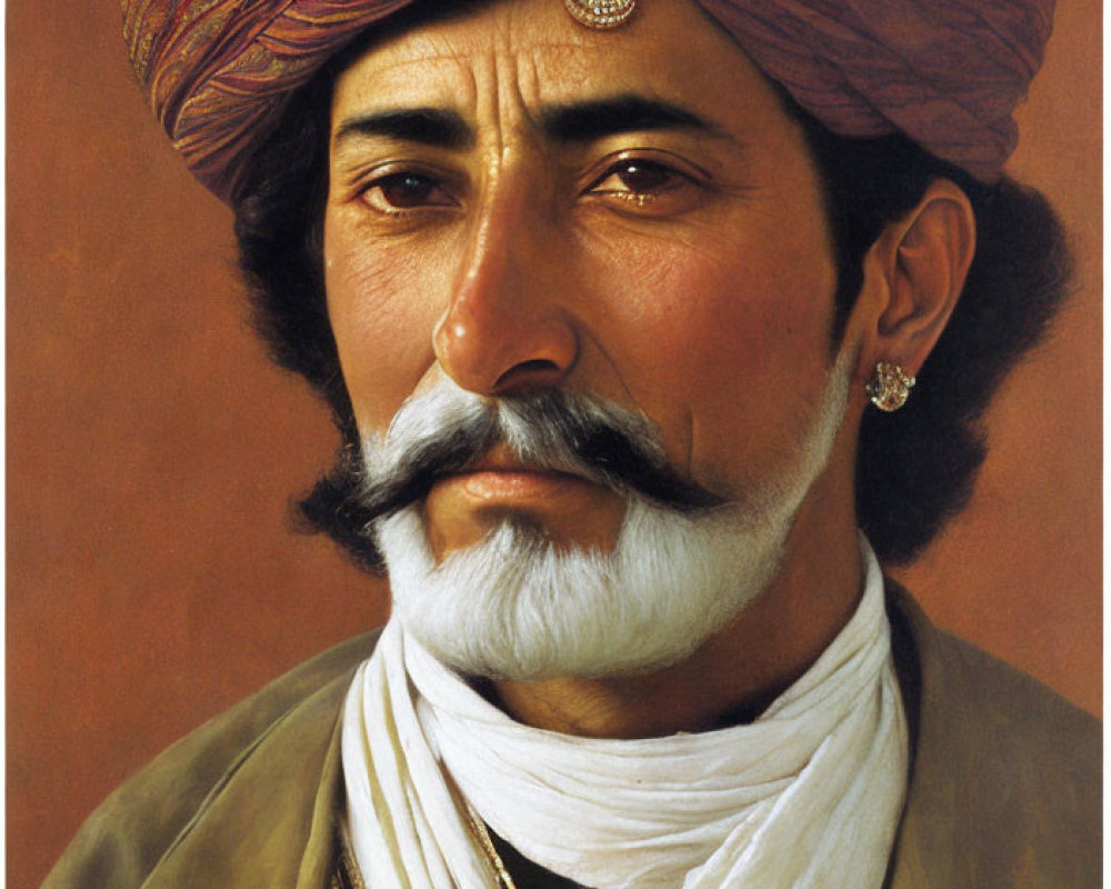 Prominent mustached man in jeweled turban and traditional attire