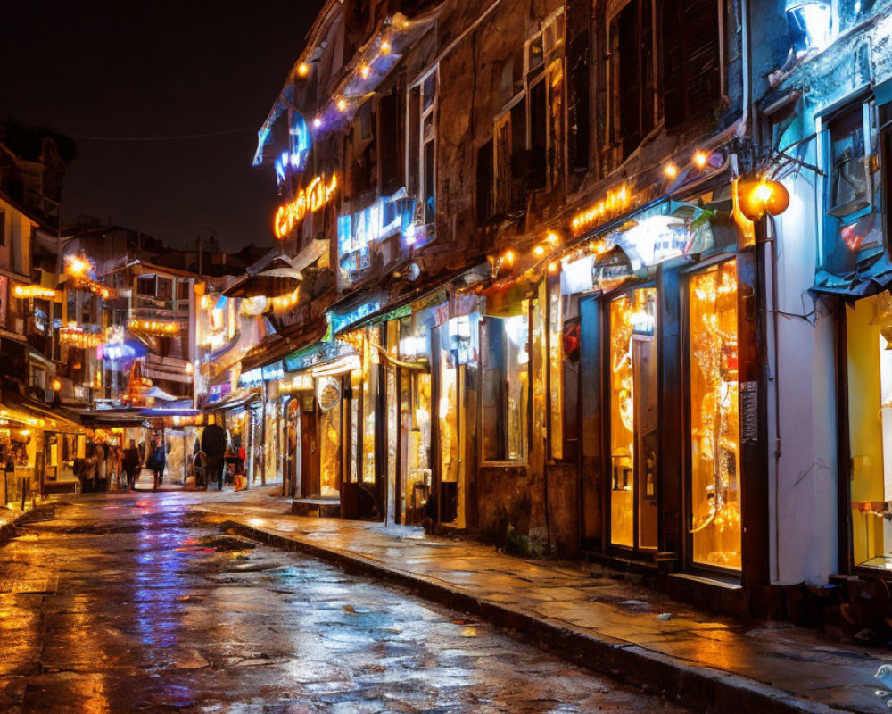 Vibrant evening street scene with illuminated shopfronts and neon signs