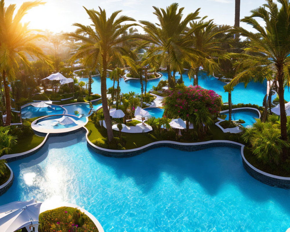 Luxurious Resort Pool with Palm Trees and Sun Loungers