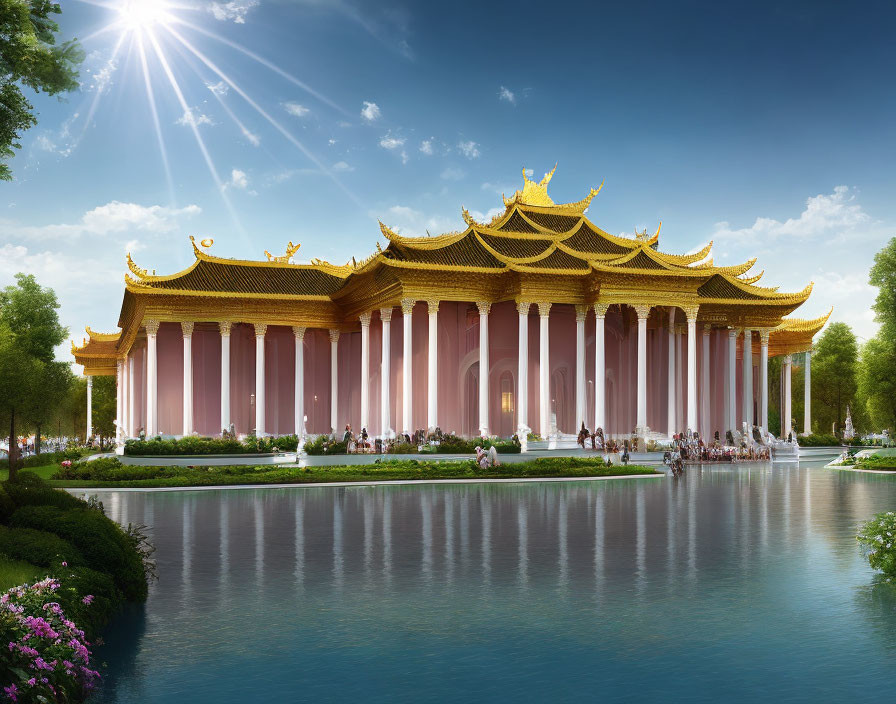 Traditional Asian Temple with Golden Roofs and Pink Pillars Against Blue Sky