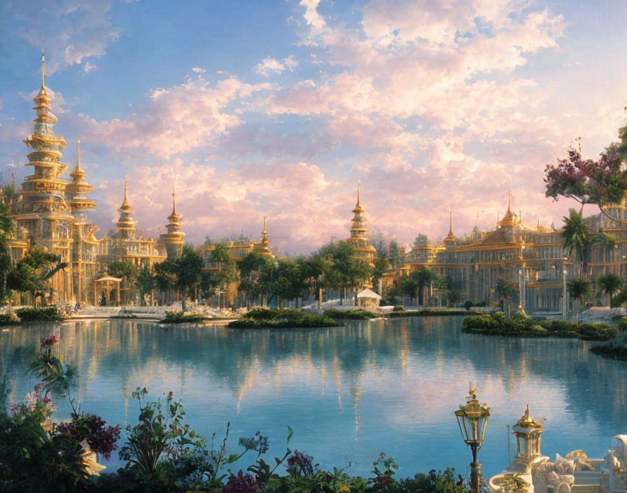 Fantastical landscape with golden spired buildings reflected in tranquil lake