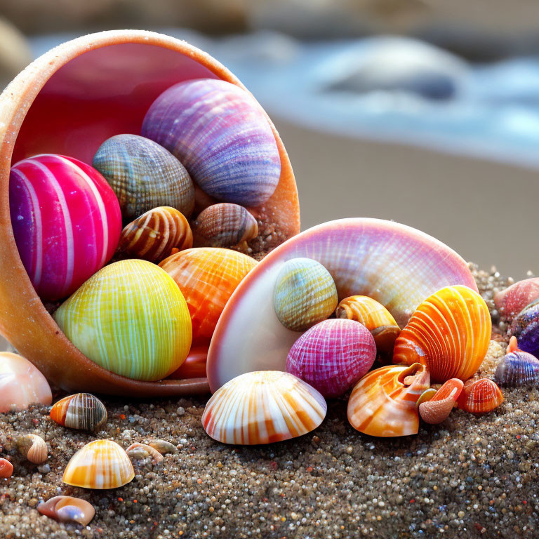 Vibrant Patterned Seashells Spilling on Sandy Beach