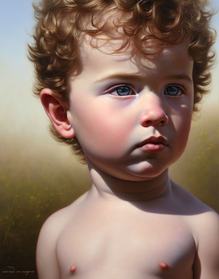 Portrait of young child with curly hair and blue eyes in sunny field