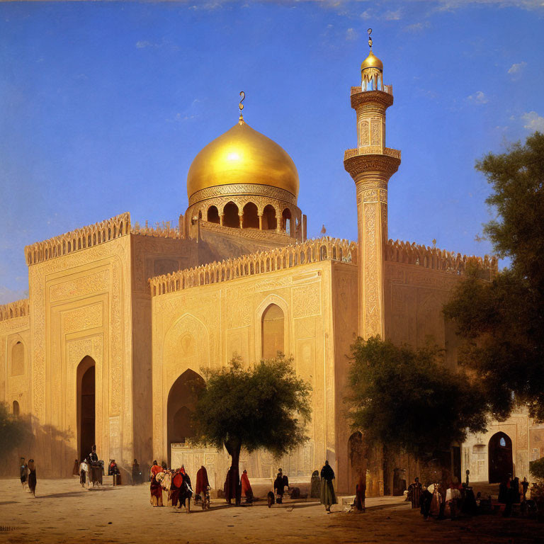 Golden dome and minaret adorn ornate mosque with traditional attire-clad people in courtyard