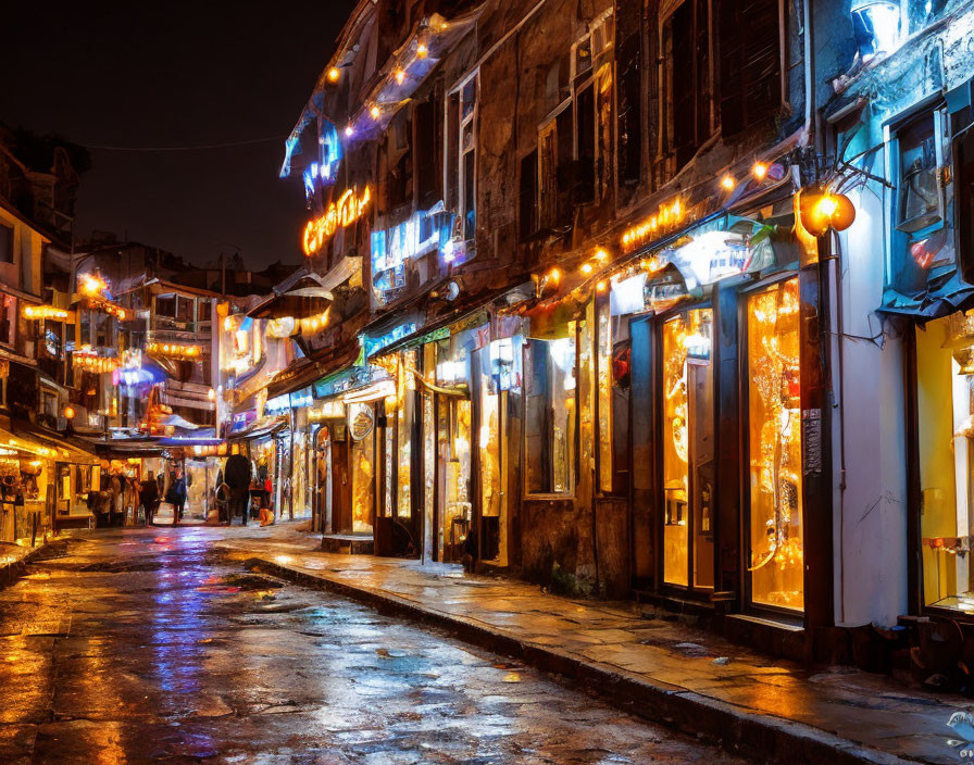 Vibrant evening street scene with illuminated shopfronts and neon signs