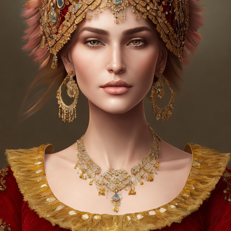 Woman portrait with gold and gemstone headdress on reddish backdrop