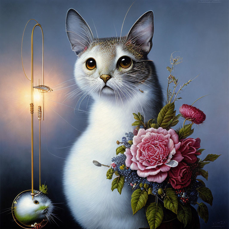 Surreal painting featuring cat with elongated neck, pocket watch, and rose bouquet