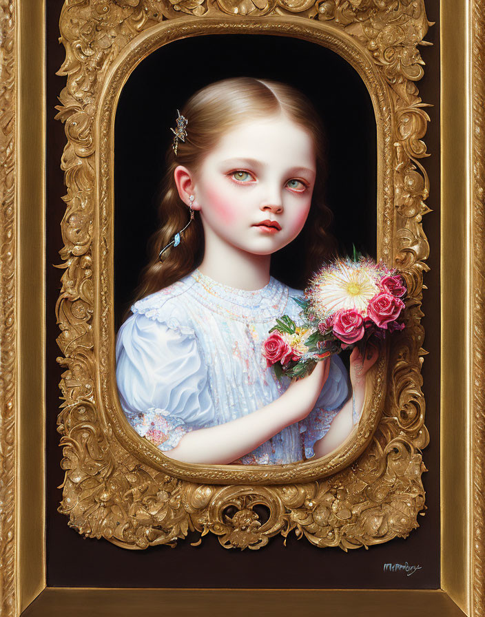 Realistic painting of a girl with pale skin and rosy cheeks holding pink flowers in ornate golden