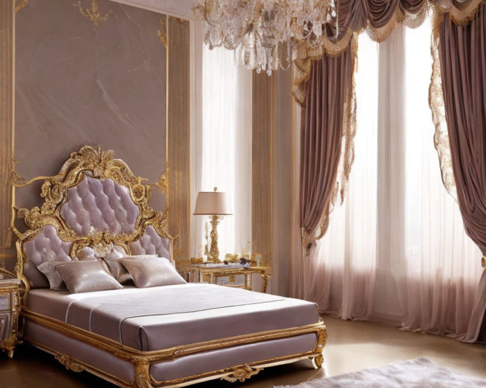 Luxurious bedroom with gold-trimmed bed, tufted headboard, grand chandelier,