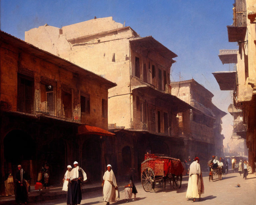 Historic Middle Eastern town street with people, horse-drawn cart, and traditional architecture