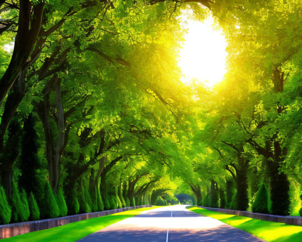 Sunlit road with lush green tree tunnel and glowing sun at end