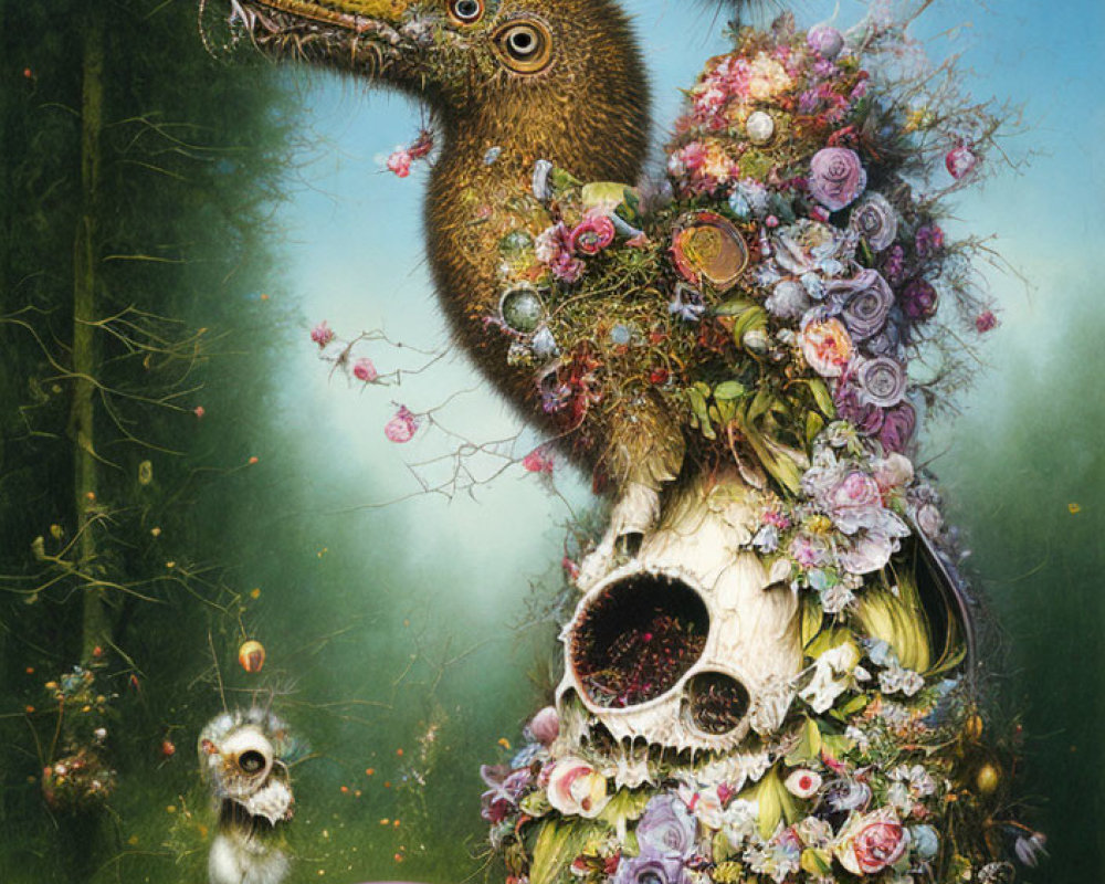 Surreal creature with skull base, floral adornments, furry neck, bird-like head, and