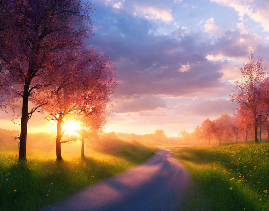 Tranquil Spring Evening: Sunset on Country Road with Pink Trees and Wildflowers