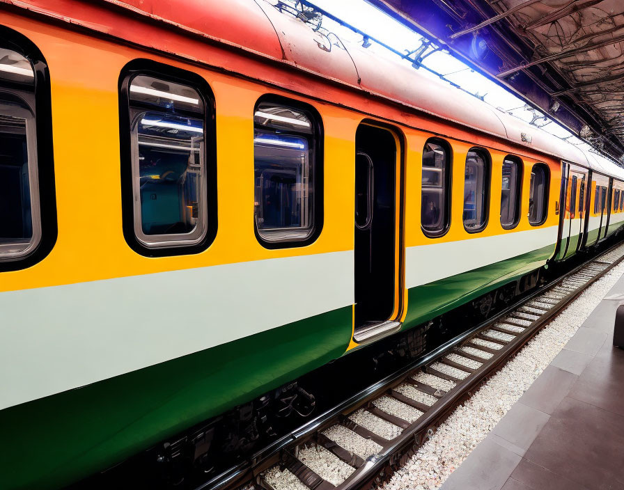 Vibrant commuter train carriages at station platform