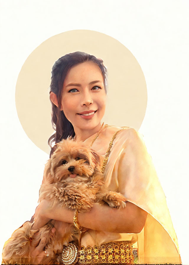 Woman with braided hair holding small dog in saintly aura.