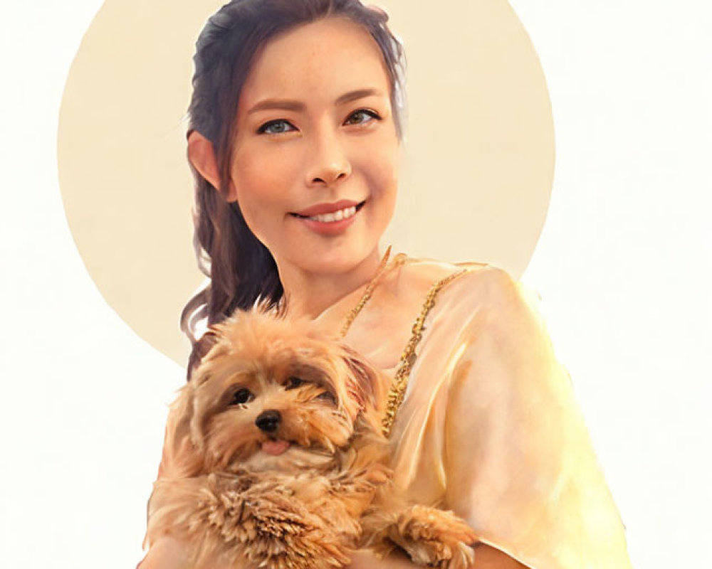 Woman with braided hair holding small dog in saintly aura.